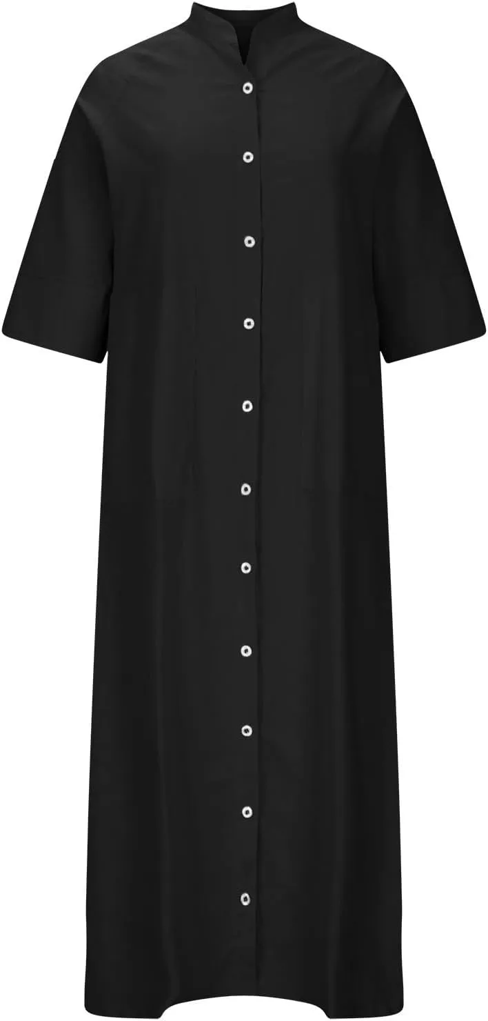 Linen Shirt Dress Women Summer Half Sleeve Lapel Casual Button Down Cotton Tunic Midi Dresses with Pockets Plus Size