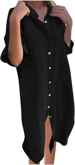 Linen Shirt Dress Women Summer Half Sleeve Lapel Casual Button Down Cotton Tunic Midi Dresses with Pockets Plus Size