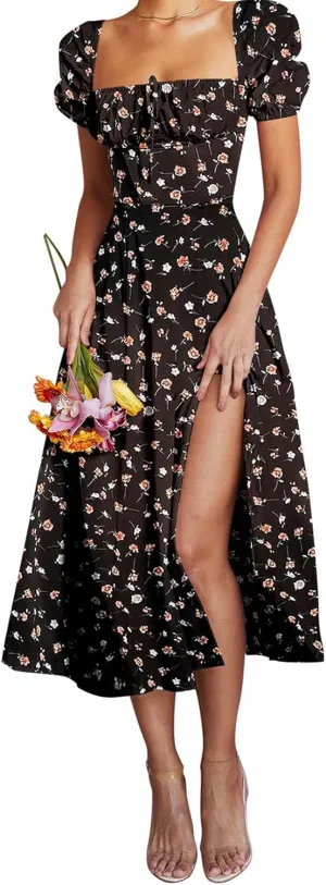 Linsery Women's Puff Sleeve Floral Maxi Dress Elegant Square Neck Cottagecore Boho Split Long Dresses