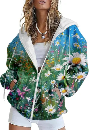 LOAIHA Womens Zip Up Hoodies Floral Print Jackets Long Sleeve Graphic Oversized Sweatshirts Girls Y2K Jacket with Pockets