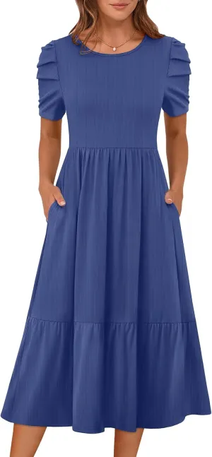 LOGENE Women's Summer Puff Short Sleeve A-Line Midi Dresses Casual Rib Knit T-Shirt Dress Flowy Beach Sundress with Pockets
