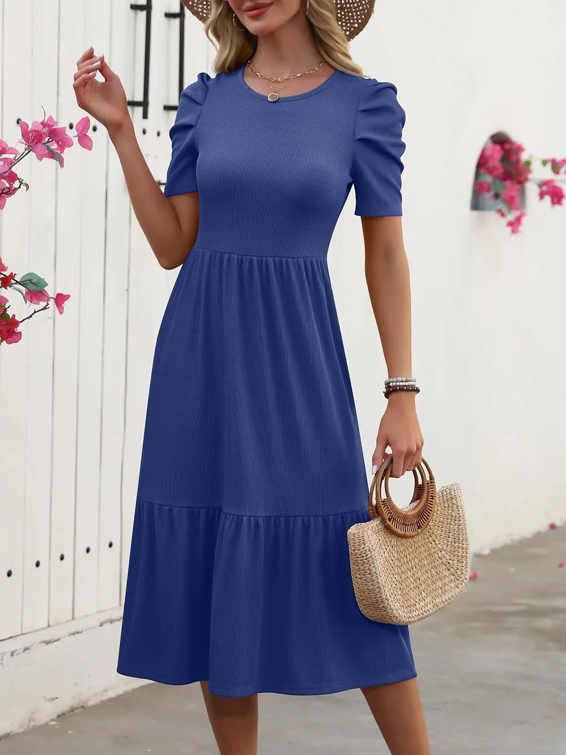LOGENE Women's Summer Puff Short Sleeve A-Line Midi Dresses Casual Rib Knit T-Shirt Dress Flowy Beach Sundress with Pockets