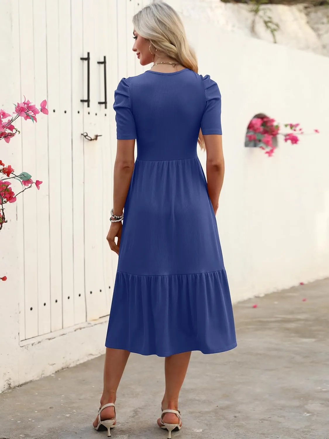 LOGENE Women's Summer Puff Short Sleeve A-Line Midi Dresses Casual Rib Knit T-Shirt Dress Flowy Beach Sundress with Pockets
