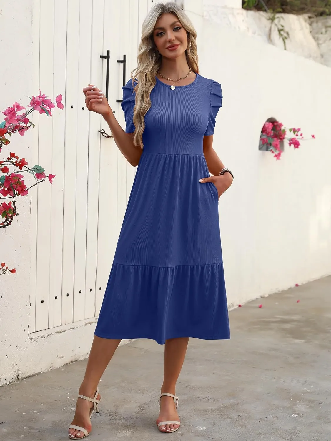 LOGENE Women's Summer Puff Short Sleeve A-Line Midi Dresses Casual Rib Knit T-Shirt Dress Flowy Beach Sundress with Pockets