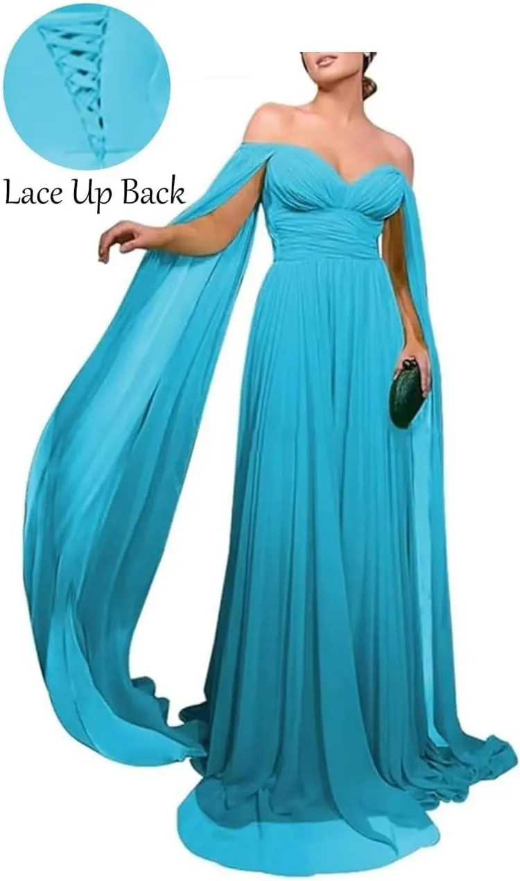 Long Evening Party Dresses with Flare Cape Split Sleeve Women Formal Fall Wedding Guest