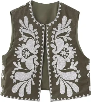 Lordree Women Retro Embroidered Floral Vest Tops Y2k Sleeveless Open Front Crop Vest Vintage Fashion Floral Sleeveless Blazer