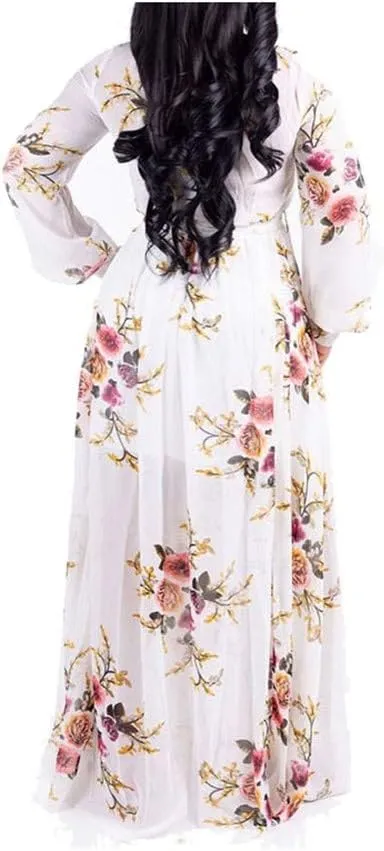 lvenzse Womens Maxi Dress Boho Chiffon Floral Printed V-Neck Long Dresses