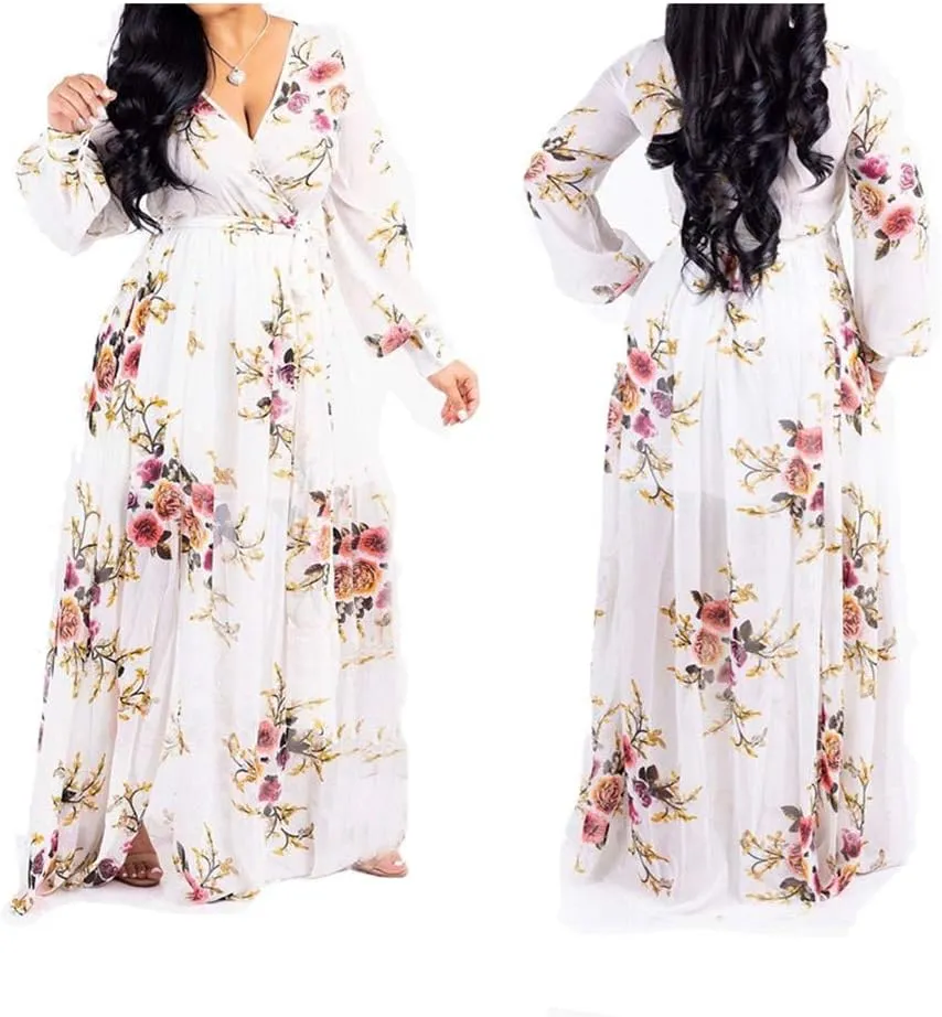 lvenzse Womens Maxi Dress Boho Chiffon Floral Printed V-Neck Long Dresses