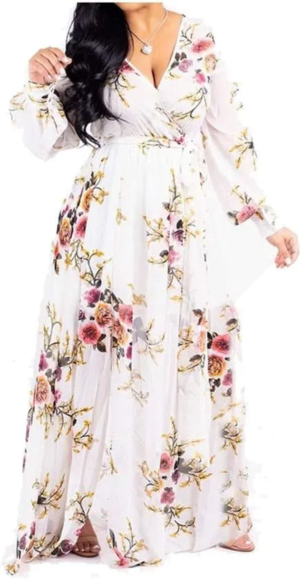 lvenzse Womens Maxi Dress Boho Chiffon Floral Printed V-Neck Long Dresses