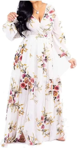 lvenzse Womens Maxi Dress Boho Chiffon Floral Printed V-Neck Long Dresses