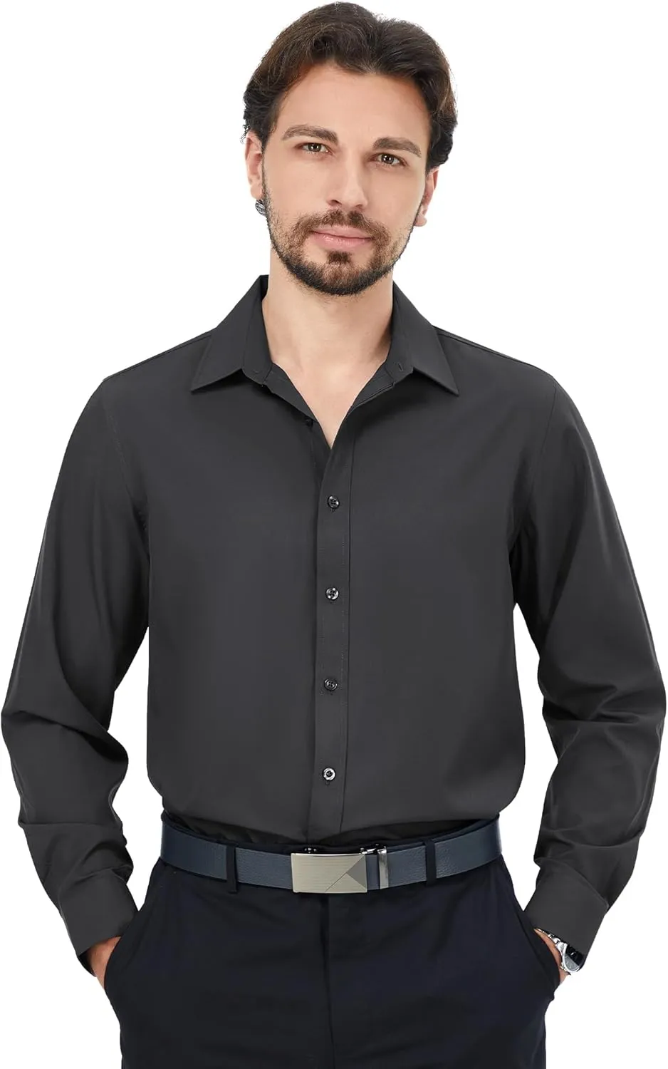 MAGE MALE Men's Dress Shirts Solid Long Sleeve Stretch Wrinkle-Free Formal Shirt Business Casual Button Down Tops
