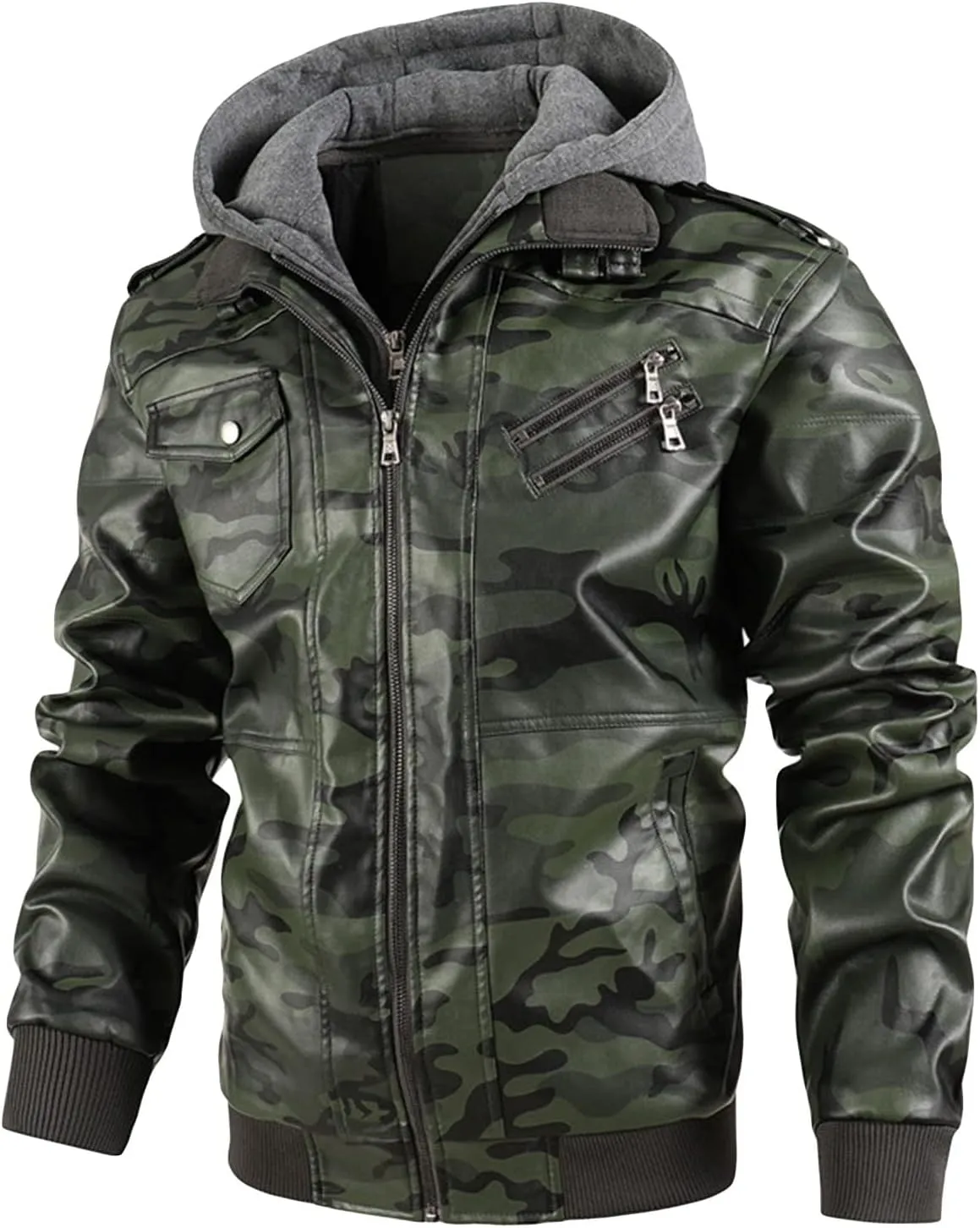 Maiyifu-GJ Men's Camo Faux Leather Jacket Winter Warm Moto Jacket with Removable Hood Pu Motorcycle Bomber Jackets Outwear