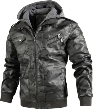 Maiyifu-GJ Men's Camo Faux Leather Jacket Winter Warm Moto Jacket with Removable Hood Pu Motorcycle Bomber Jackets Outwear
