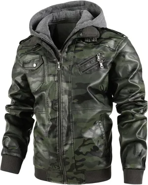 Maiyifu-GJ Men's Camo Faux Leather Jacket Winter Warm Moto Jacket with Removable Hood Pu Motorcycle Bomber Jackets Outwear