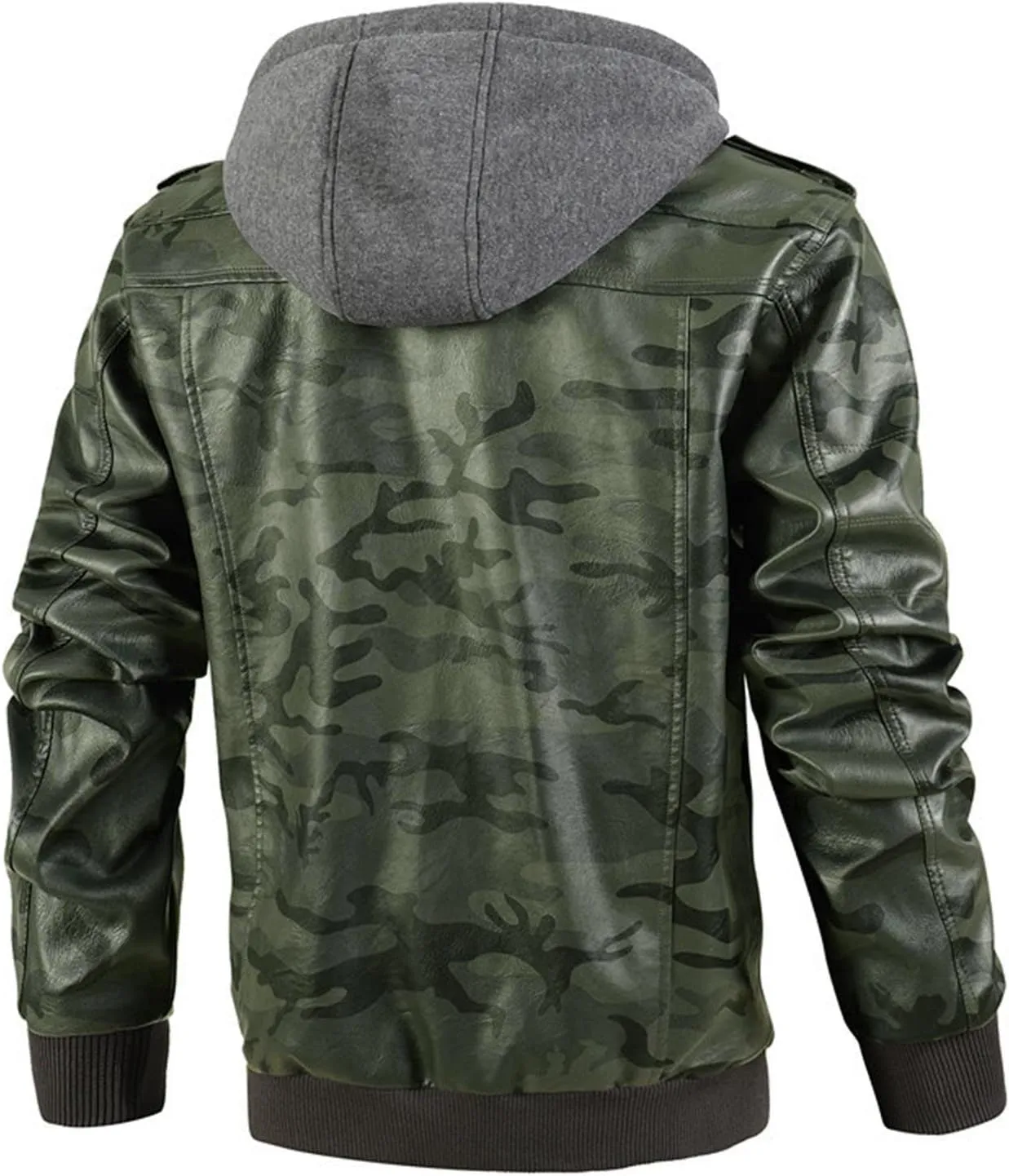 Maiyifu-GJ Men's Camo Faux Leather Jacket Winter Warm Moto Jacket with Removable Hood Pu Motorcycle Bomber Jackets Outwear
