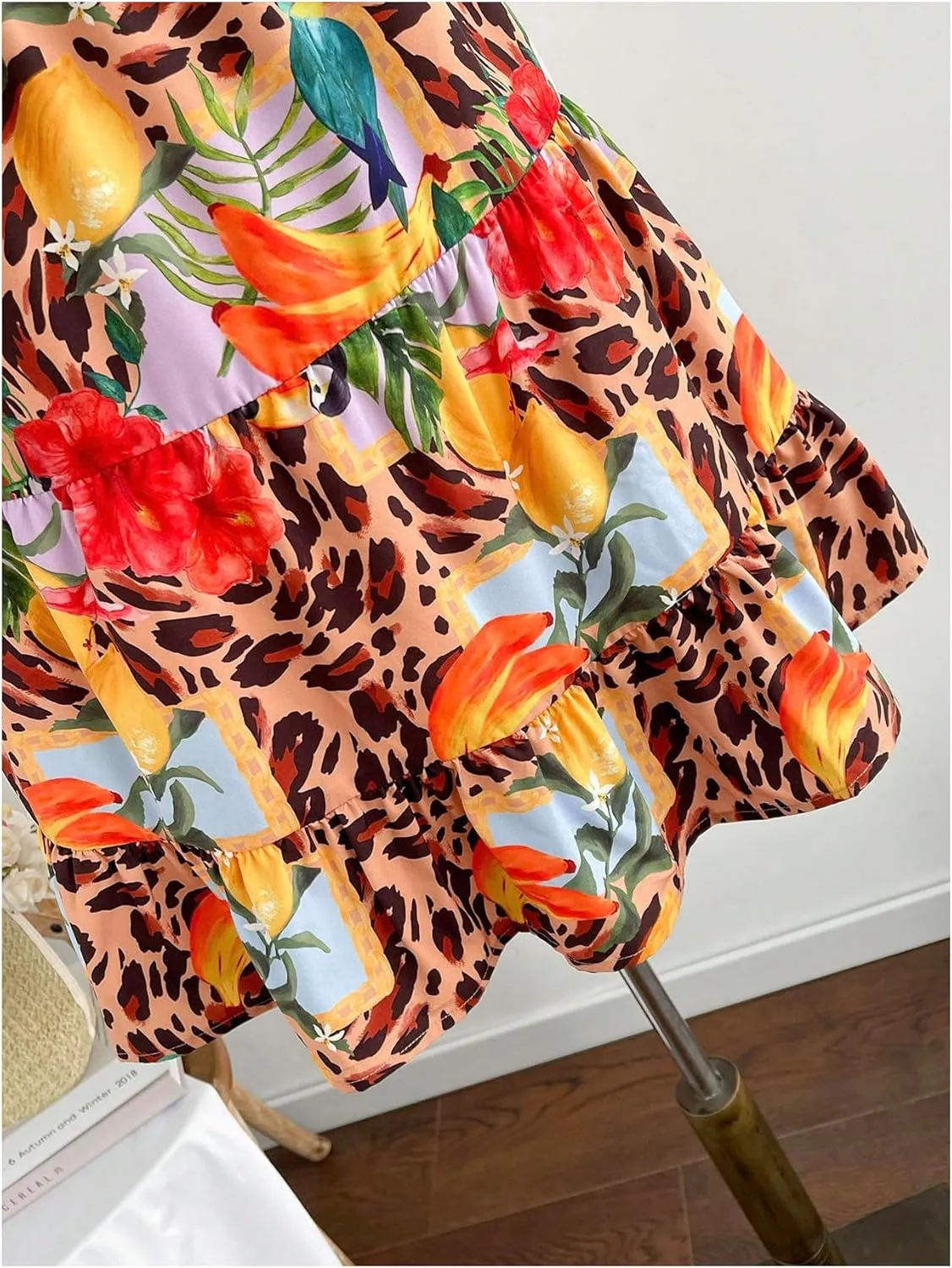 MakeMeChic Women's Cheetah Print Floral Cami Sundress Tie Open Back Tiered Ruffle Summer Mini Dresses