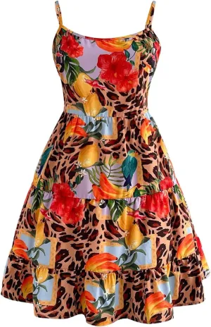 MakeMeChic Women's Cheetah Print Floral Cami Sundress Tie Open Back Tiered Ruffle Summer Mini Dresses