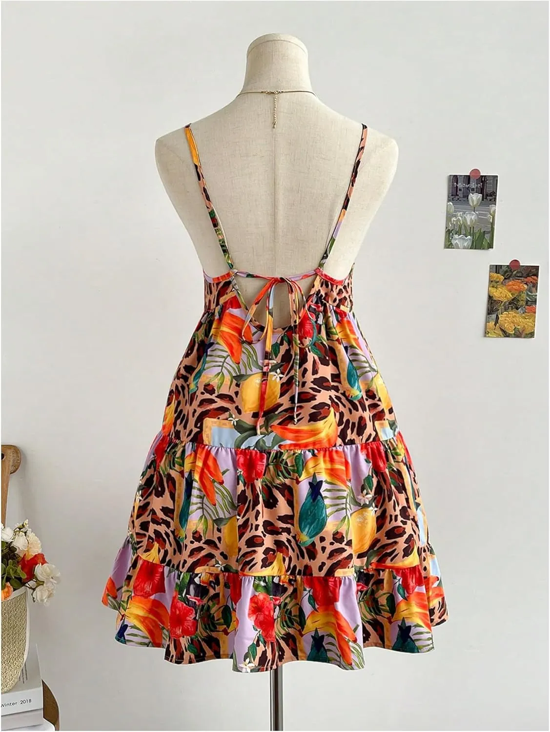 MakeMeChic Women's Cheetah Print Floral Cami Sundress Tie Open Back Tiered Ruffle Summer Mini Dresses
