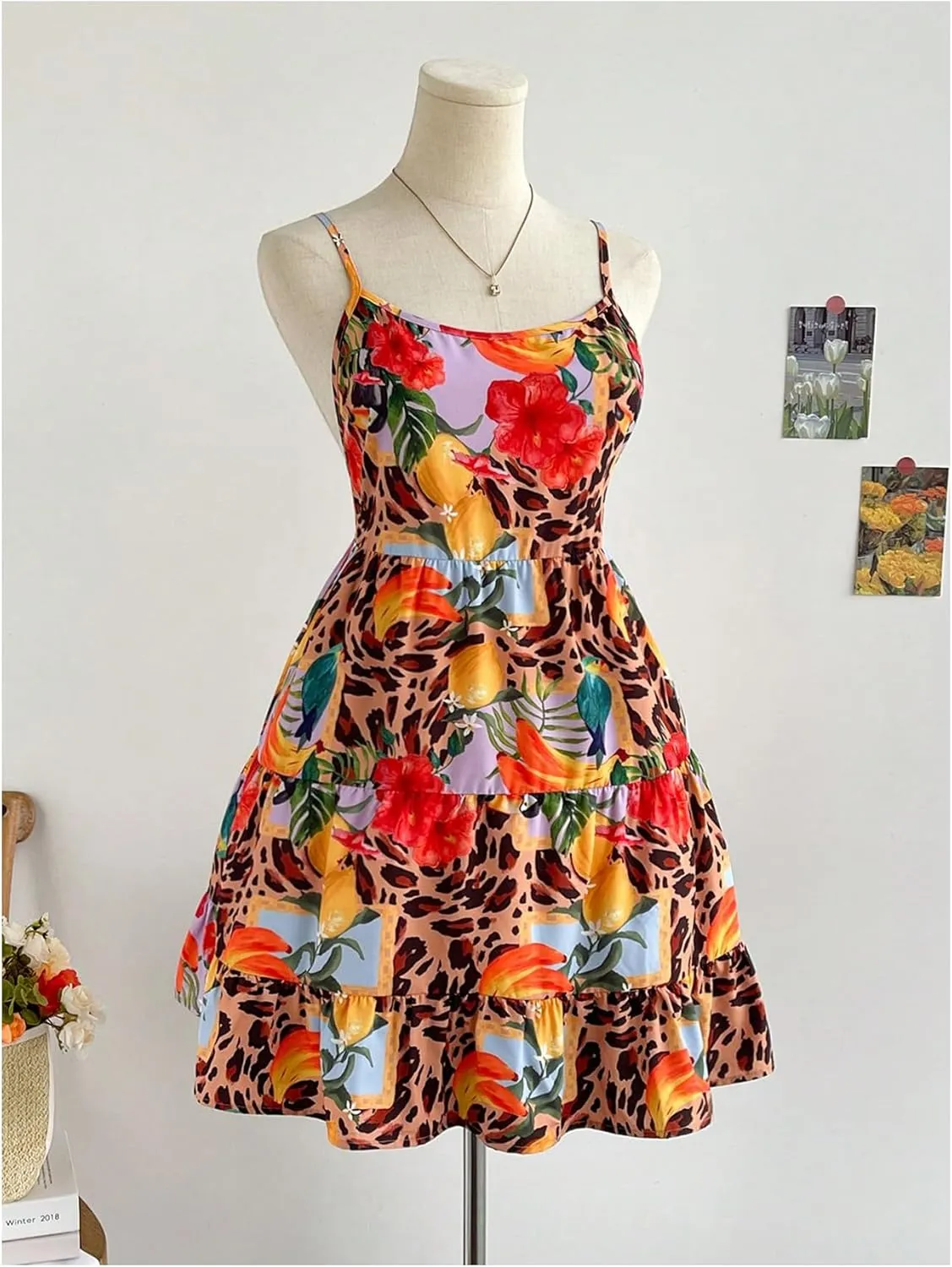 MakeMeChic Women's Cheetah Print Floral Cami Sundress Tie Open Back Tiered Ruffle Summer Mini Dresses