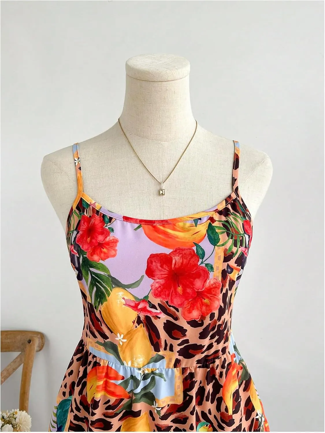 MakeMeChic Women's Cheetah Print Floral Cami Sundress Tie Open Back Tiered Ruffle Summer Mini Dresses