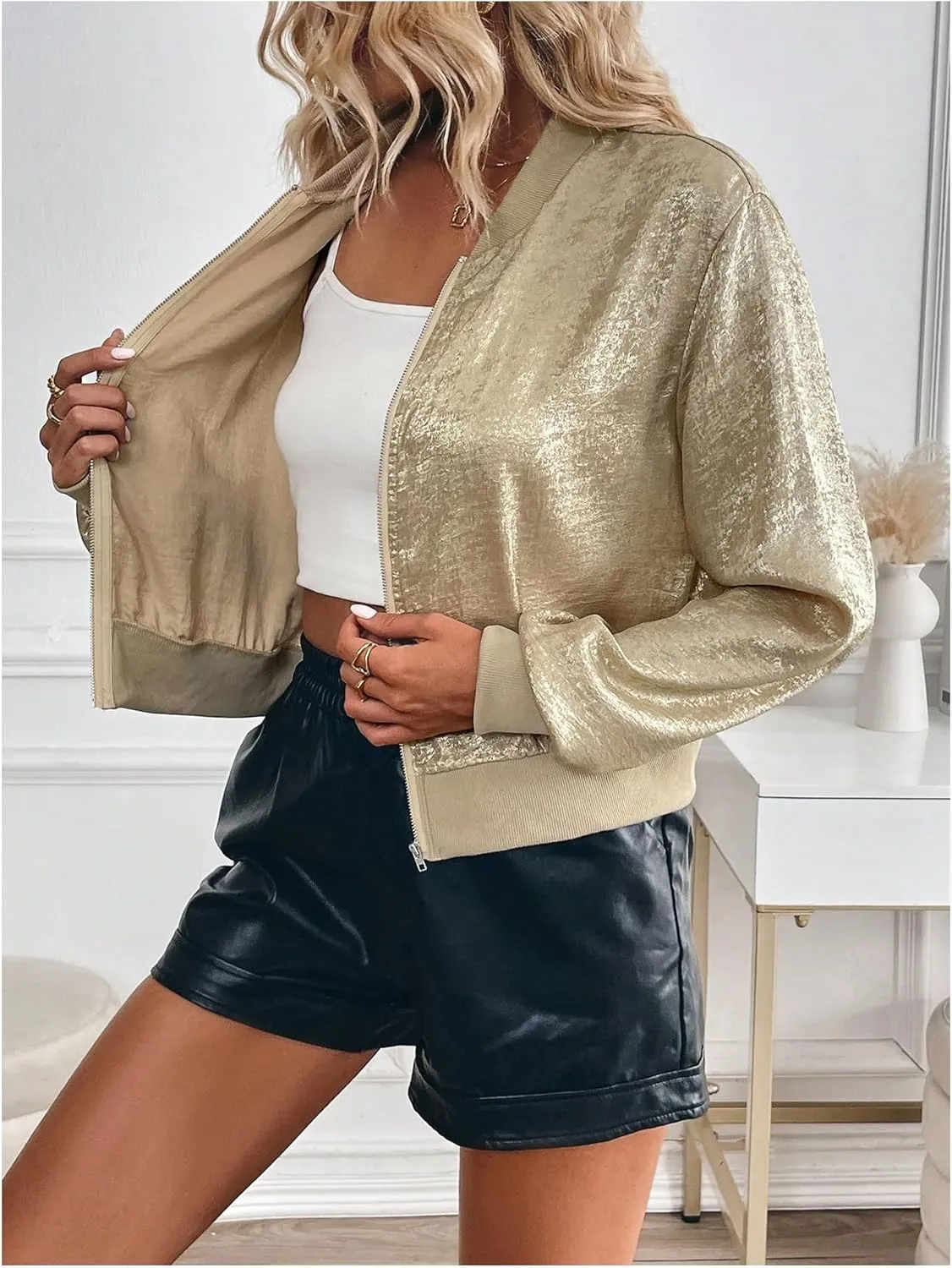 MakeMeChic Women's Metallic Holographic Crop Jacket Long Sleeve Baseball Collar Zip Up Bomber Jackets