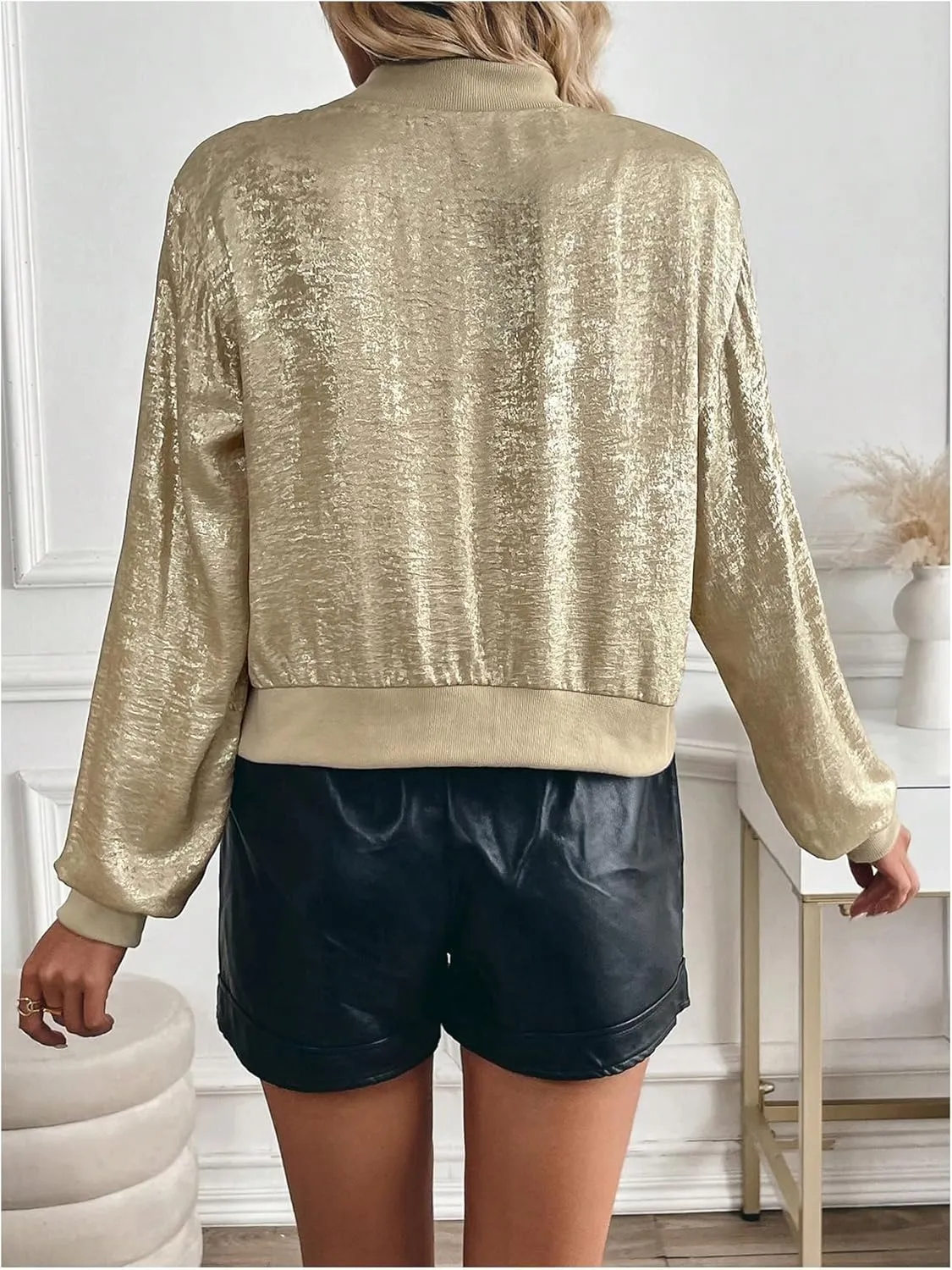 MakeMeChic Women's Metallic Holographic Crop Jacket Long Sleeve Baseball Collar Zip Up Bomber Jackets