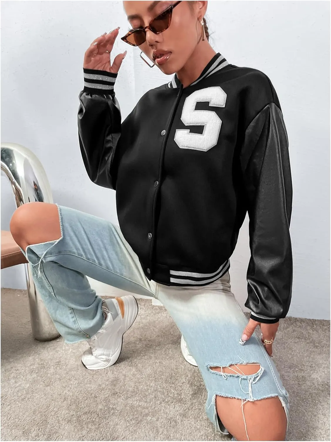 MakeMeChic Women's Pu Leather Letter Button Down Long Sleeve Baseball Varsity Bomber Jacket