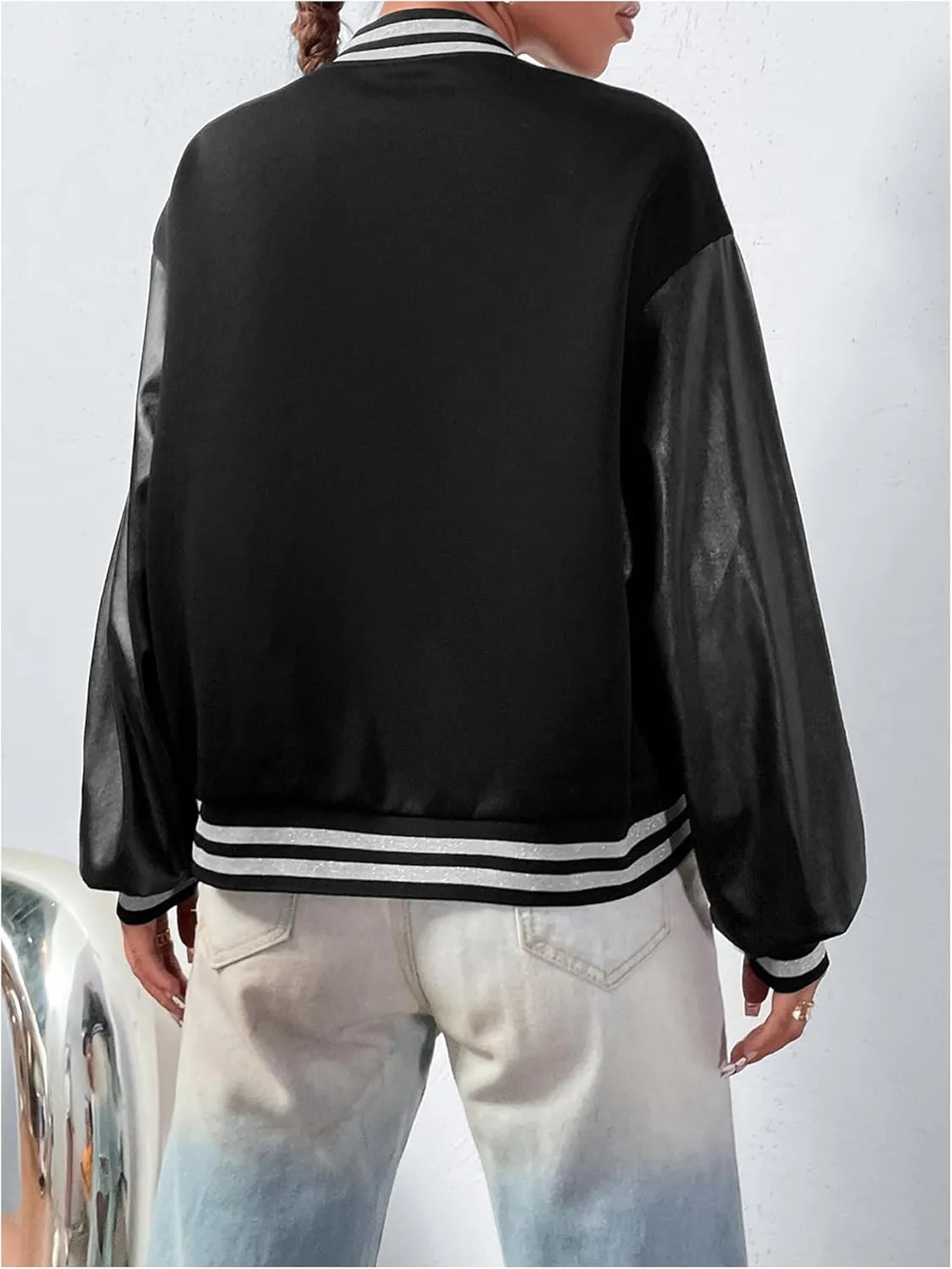 MakeMeChic Women's Pu Leather Letter Button Down Long Sleeve Baseball Varsity Bomber Jacket