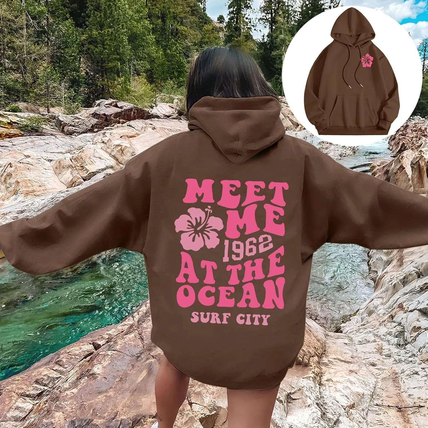 Meet Me At The Ocean Hoodies For Women Long Sleeve Hooded Sweatshirts With Pocket Drawstring Pullover Top Fall, Large