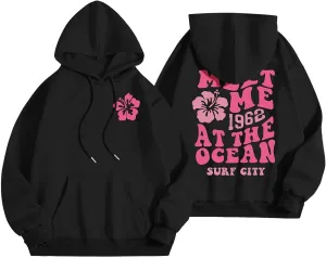 Meet Me At The Ocean Hoodies For Women Long Sleeve Hooded Sweatshirts With Pocket Drawstring Pullover Top Fall, Large