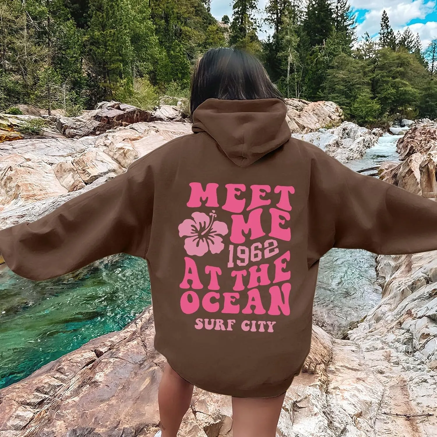 Meet Me At The Ocean Hoodies For Women Long Sleeve Hooded Sweatshirts With Pocket Drawstring Pullover Top Fall, Large