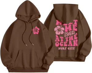 Meet Me At The Ocean Hoodies For Women Long Sleeve Hooded Sweatshirts With Pocket Drawstring Pullover Top Fall, Large