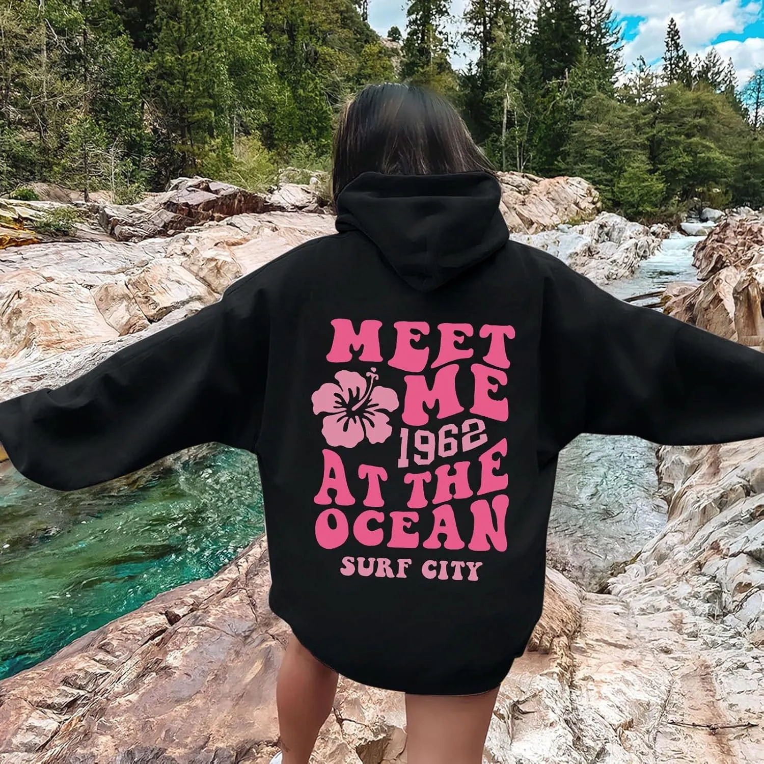 Meet Me At The Ocean Hoodies For Women Long Sleeve Hooded Sweatshirts With Pocket Drawstring Pullover Top Fall, Large