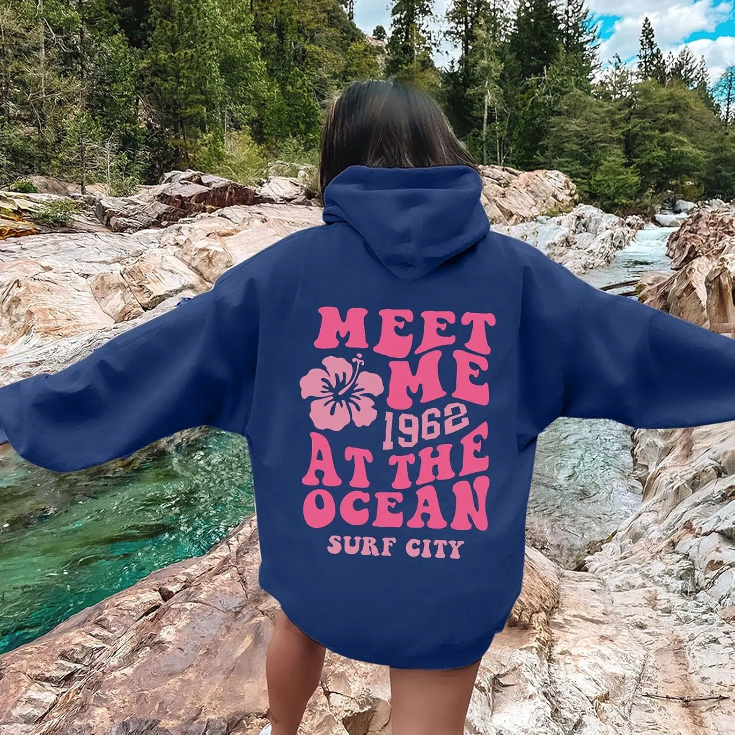 Meet Me At The Ocean Hoodies For Women Long Sleeve Hooded Sweatshirts With Pocket Drawstring Pullover Top Fall, Large