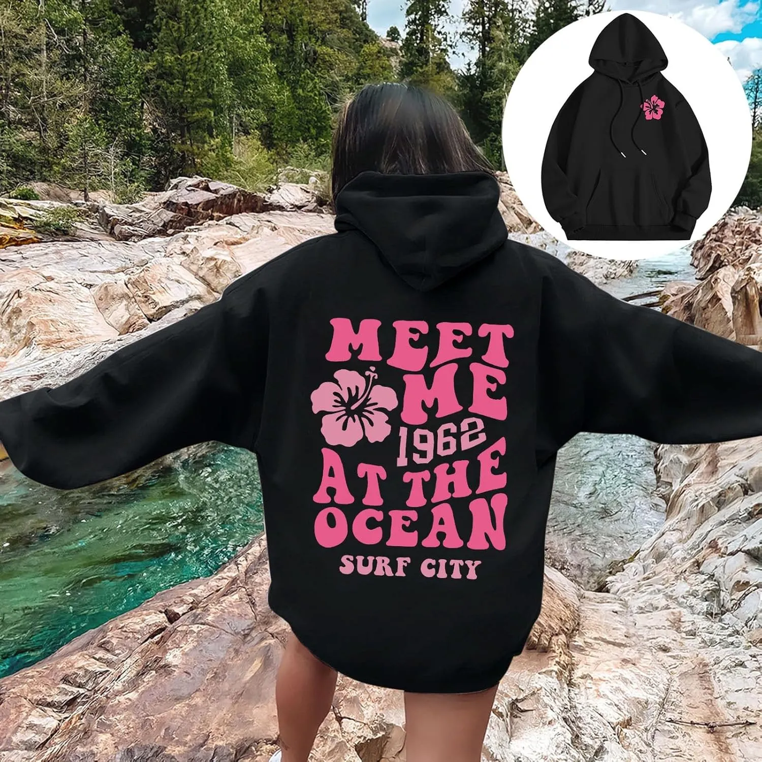 Meet Me At The Ocean Hoodies For Women Long Sleeve Hooded Sweatshirts With Pocket Drawstring Pullover Top Fall, Large
