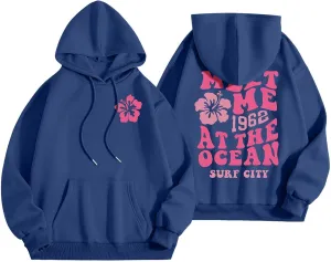 Meet Me At The Ocean Hoodies For Women Long Sleeve Hooded Sweatshirts With Pocket Drawstring Pullover Top Fall, Large