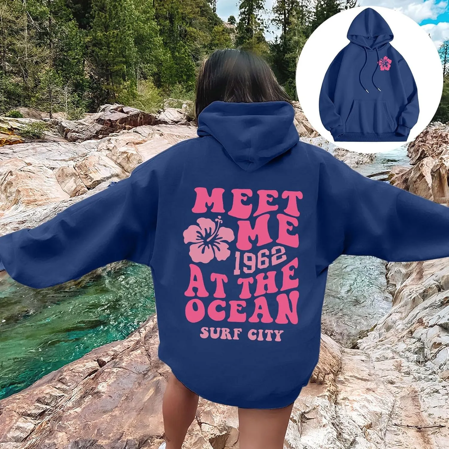 Meet Me At The Ocean Hoodies For Women Long Sleeve Hooded Sweatshirts With Pocket Drawstring Pullover Top Fall, Large