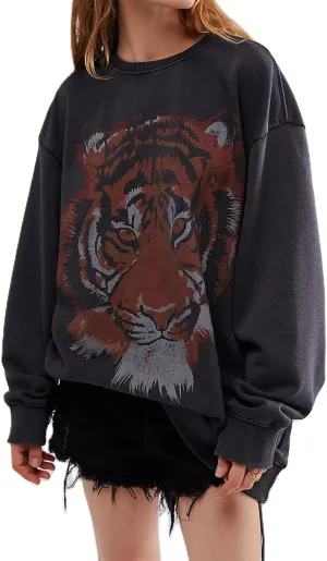 Meiweileya Womens Y2k Usa Star Graphic Print Oversized Sweatshirts Vintage Striped Tiger Aesthetic Hoodies Doop Tops