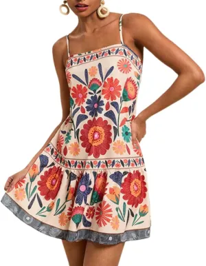 Melliflo Women Sleeveless Floral Mini Dress Summer Boho Ruffle Hem Dresses Casual Sexy Backless Beach Vacation Slip Dress