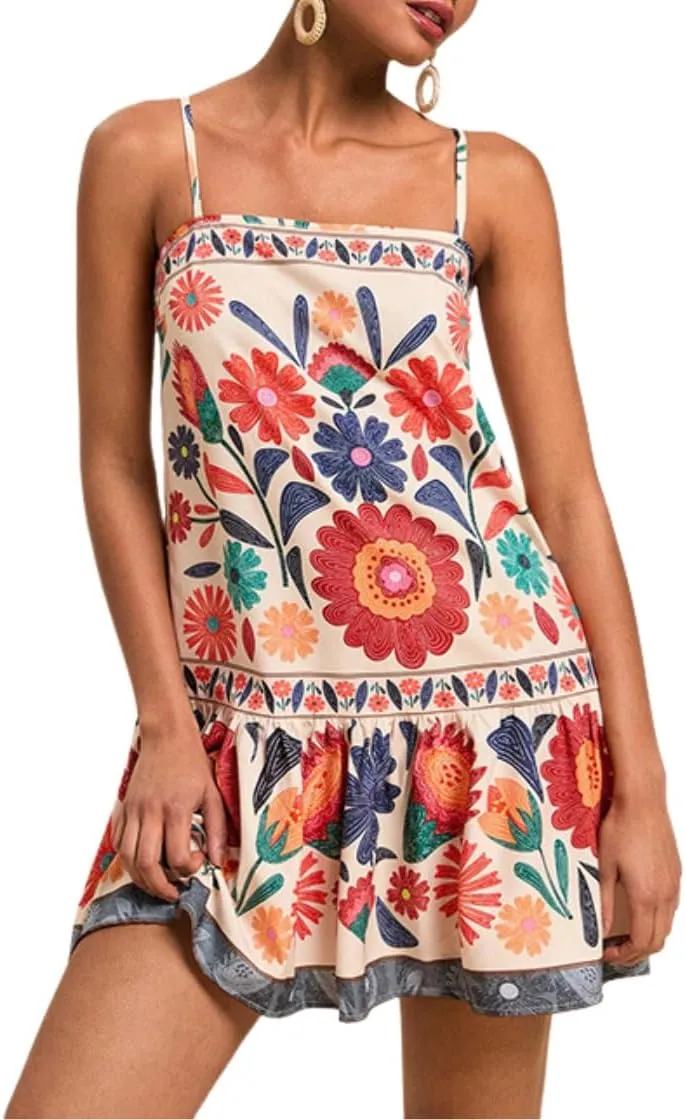 Melliflo Women Sleeveless Floral Mini Dress Summer Boho Ruffle Hem Dresses Casual Sexy Backless Beach Vacation Slip Dress