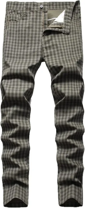 Men Linen Pants Fashion Casual Plaid Printed Straight Legs Slim Fit Buckle Zipper Suit Pants Classic Work Trouser