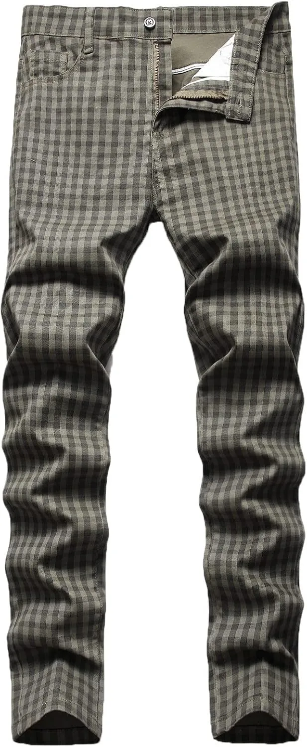 Men Linen Pants Fashion Casual Plaid Printed Straight Legs Slim Fit Buckle Zipper Suit Pants Classic Work Trouser