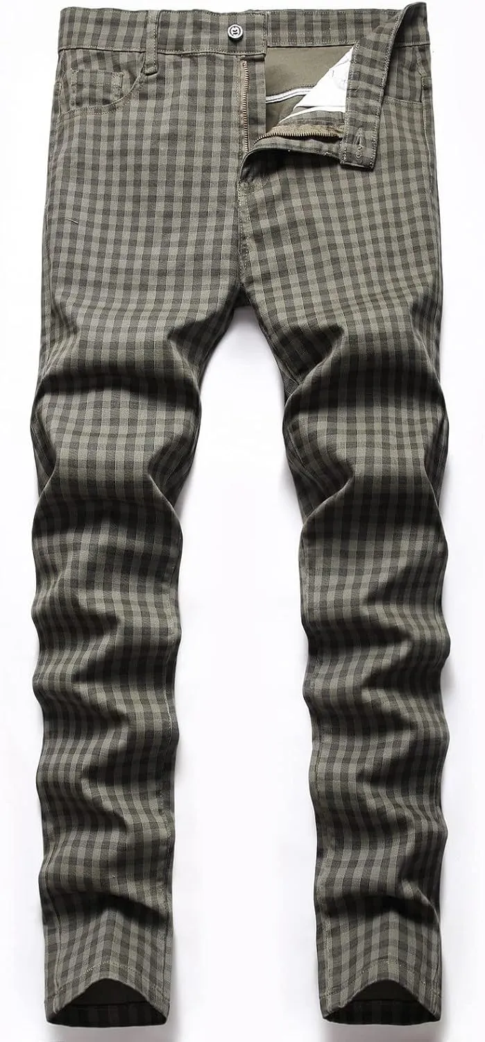 Men Linen Pants Fashion Casual Plaid Printed Straight Legs Slim Fit Buckle Zipper Suit Pants Classic Work Trouser