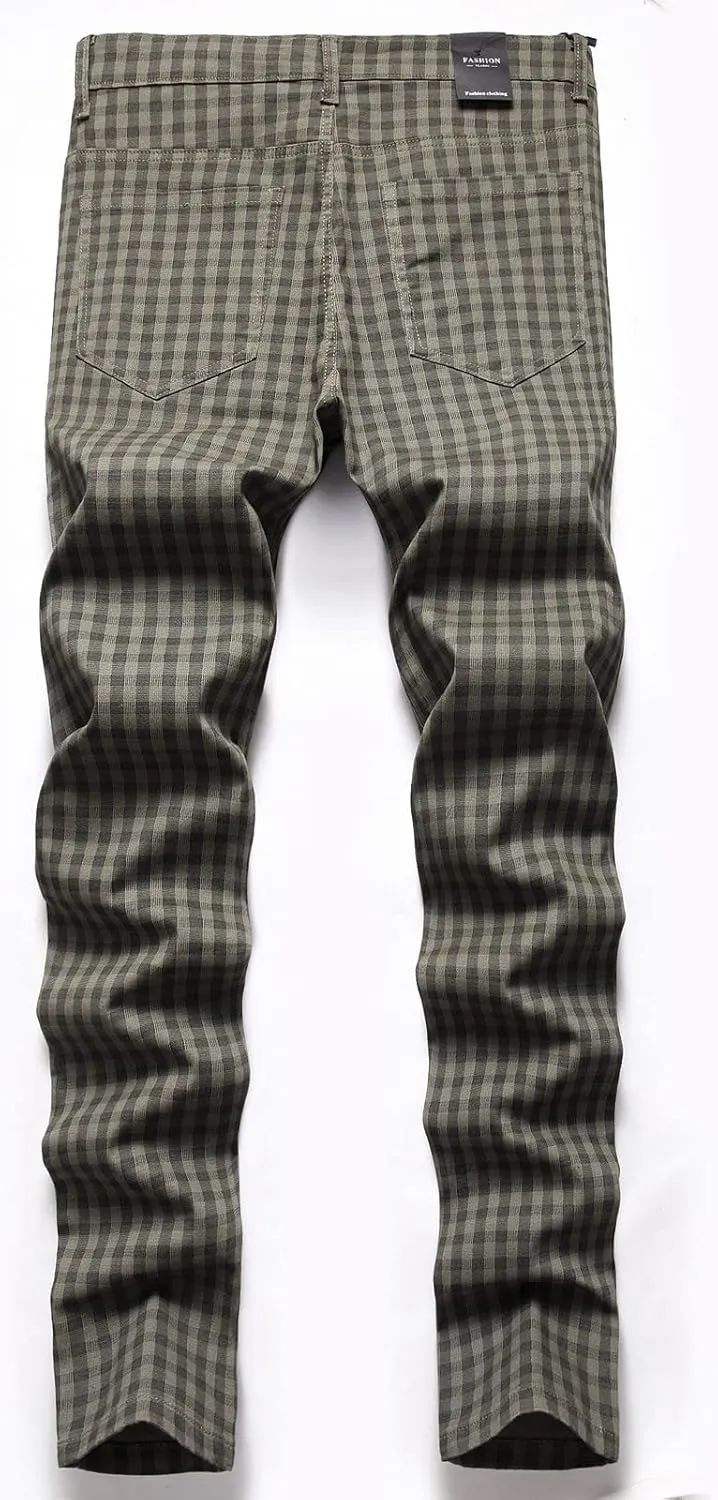 Men Linen Pants Fashion Casual Plaid Printed Straight Legs Slim Fit Buckle Zipper Suit Pants Classic Work Trouser