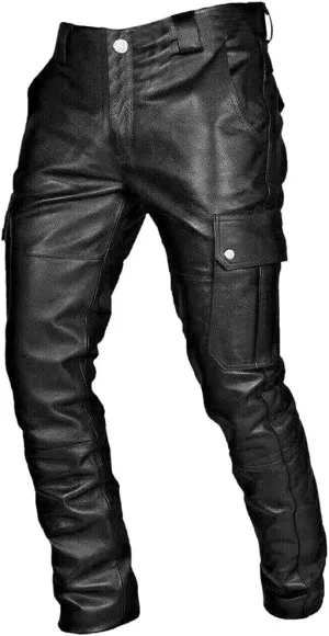 Mens Black Leather Pants Slim Fit Motorcycle Hip Hop Punk Gothic Streetwear Trousers Flat Pockets Skinny Cargo Joggers