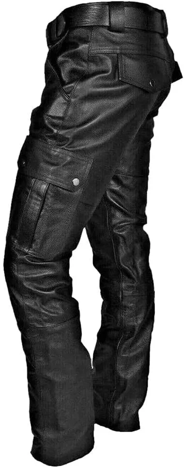 Mens Black Leather Pants Slim Fit Motorcycle Hip Hop Punk Gothic Streetwear Trousers Flat Pockets Skinny Cargo Joggers