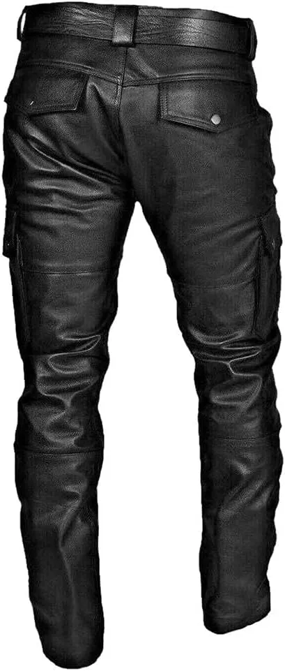 Mens Black Leather Pants Slim Fit Motorcycle Hip Hop Punk Gothic Streetwear Trousers Flat Pockets Skinny Cargo Joggers