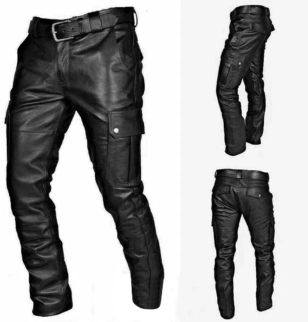 Mens Black Leather Pants Slim Fit Motorcycle Hip Hop Punk Gothic Streetwear Trousers Flat Pockets Skinny Cargo Joggers