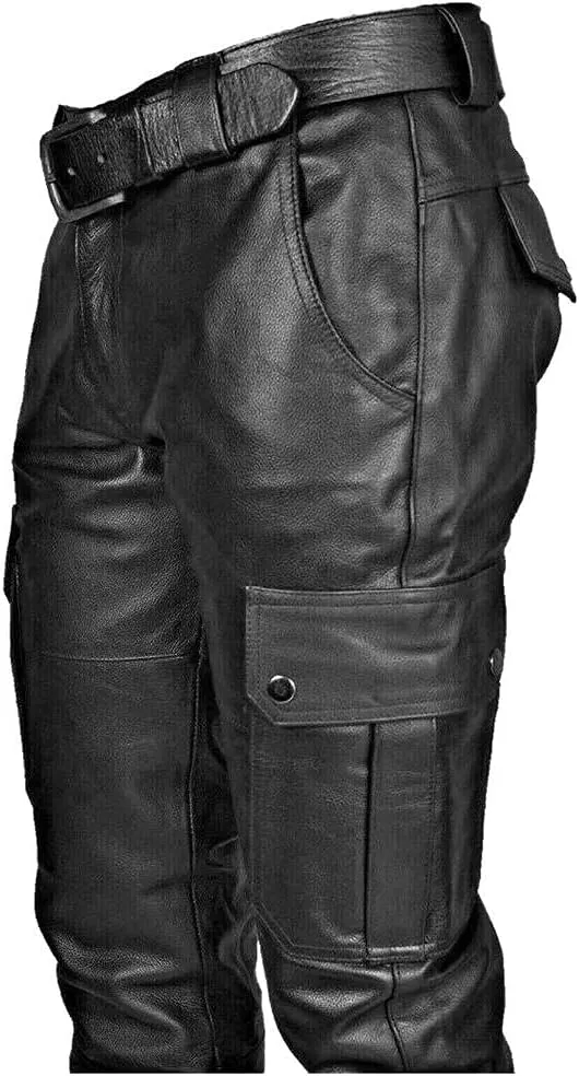 Mens Black Leather Pants Slim Fit Motorcycle Hip Hop Punk Gothic Streetwear Trousers Flat Pockets Skinny Cargo Joggers