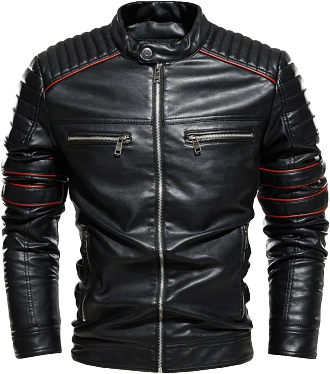 Men's Chest Zip Leather Jacket Slim Motorcycle Leather Jacket Men Cuffs Zipper Lightweight Faux Leather Jacket
